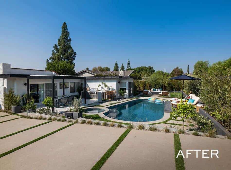 Renovated backyard with a swimming pool, covered patio, and lounge area