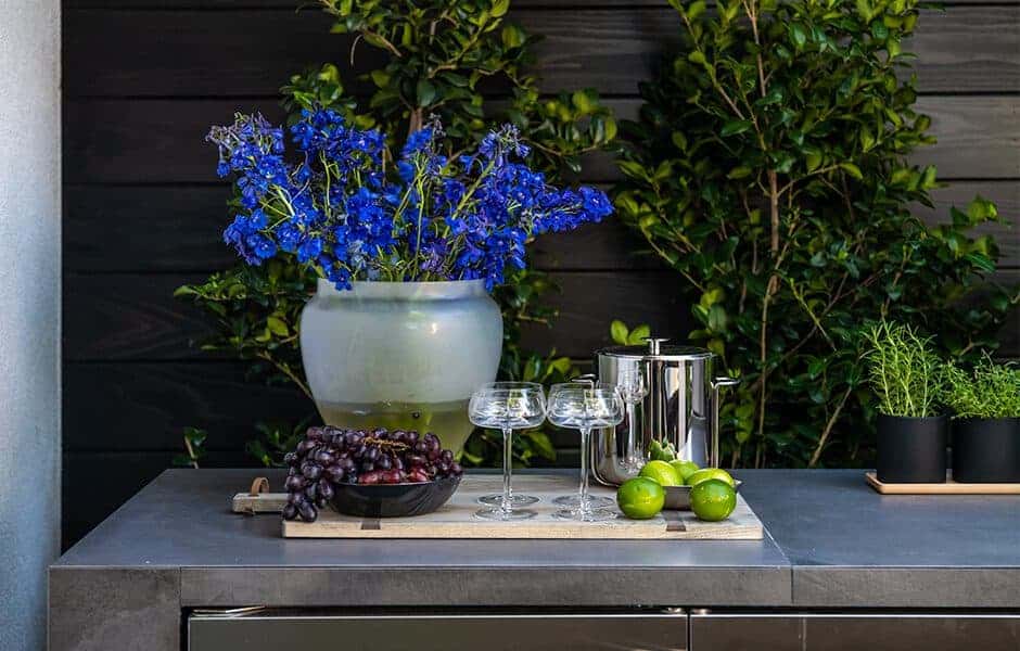 Outdoor bar area with blue flowers in a vase, a bowl of grapes, glasses, a cocktail shaker, limes, and potted herbs