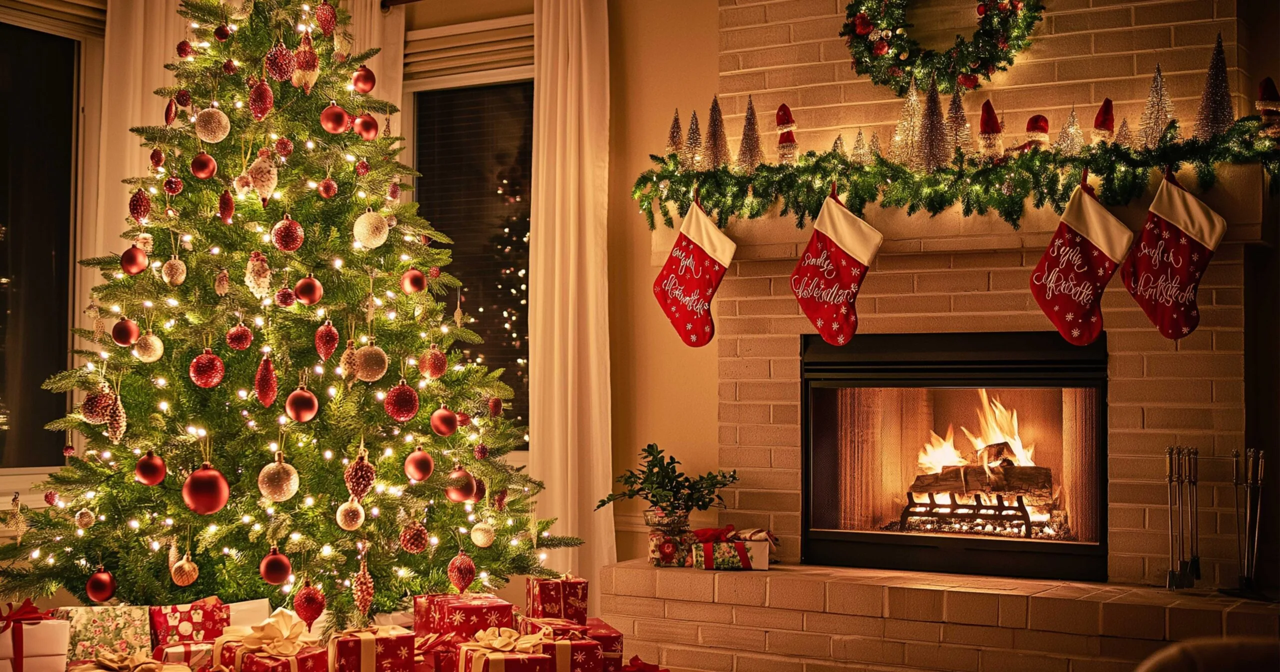 cozy christmas tree with fireplace and stockings