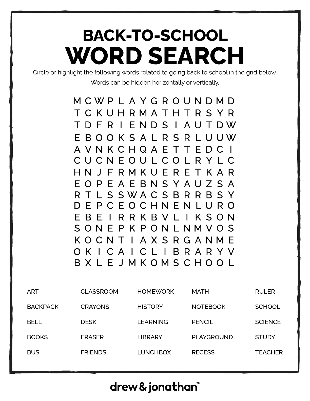 free back to school word search game