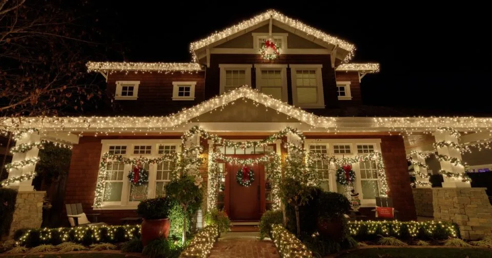 best outdoor christmas lights, home lit up with festive lights for holidays