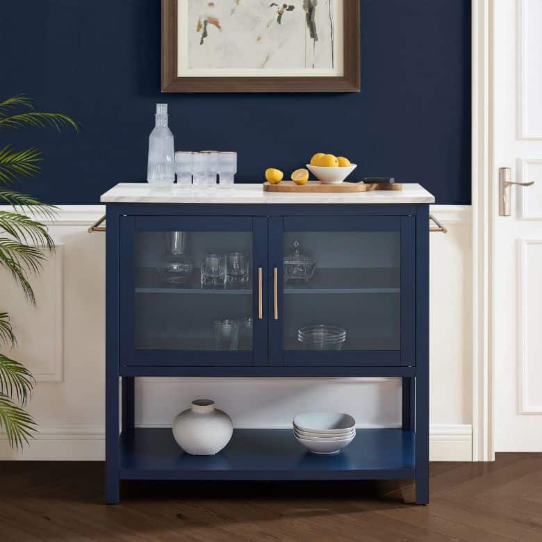 blue kitchen island with cabinet and open shelf