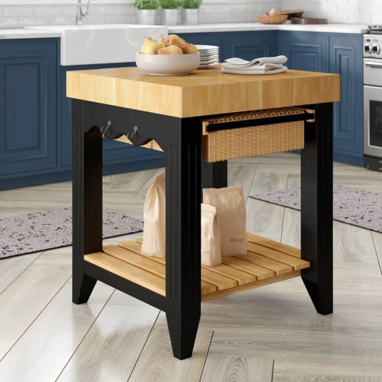 wooden kitchen island with black accented legs