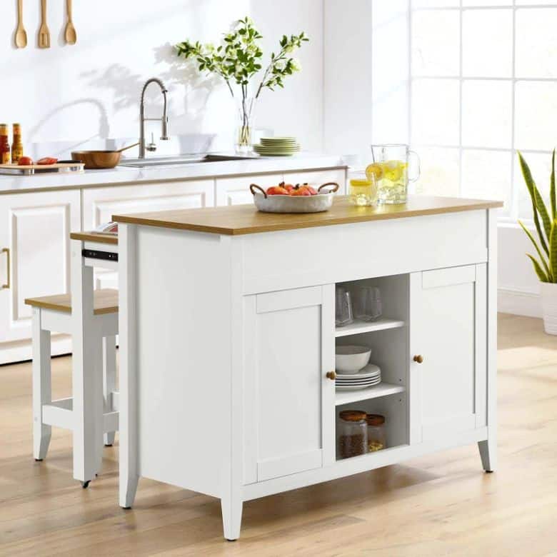 white kitchen island with cabinet