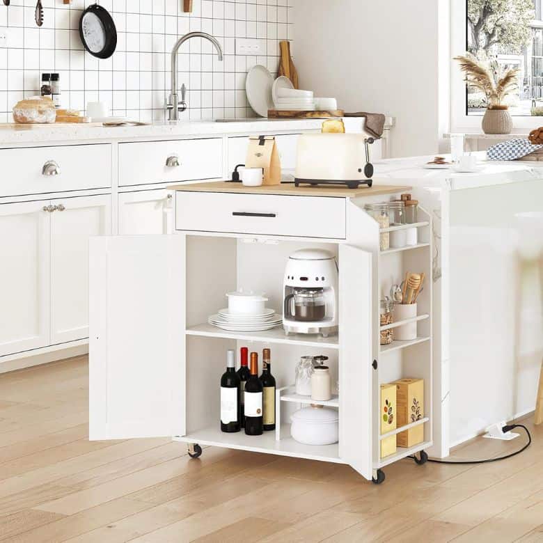 white kitchen island with cabinet and shelves