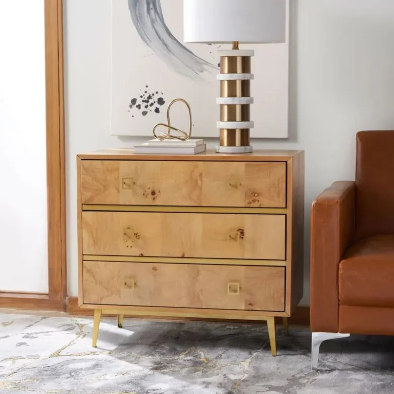 wooden 3-drawer dresser with gold feet