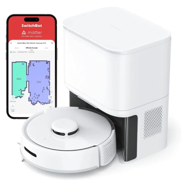 white robot vacuum in dock station with mobile controls display