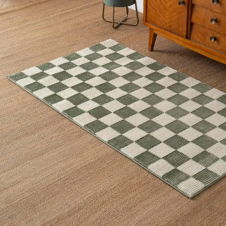 green and white checkered rug