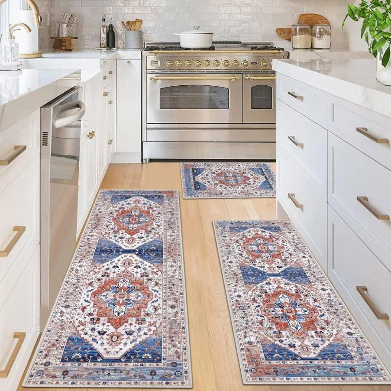 multicolored oriental runner rugs in kitchen