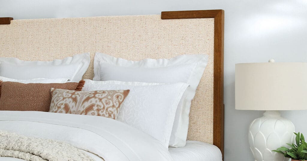 how to attach a headboard to a bed frame, modern honey headboard in a serene bedroom