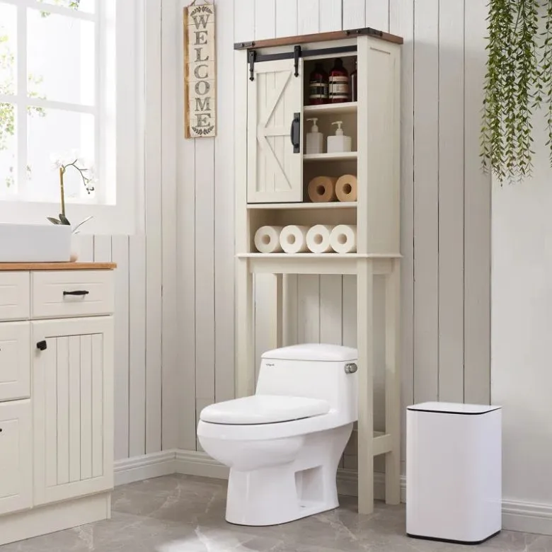 over-the-toilet shelves with sliding barn door cabinet