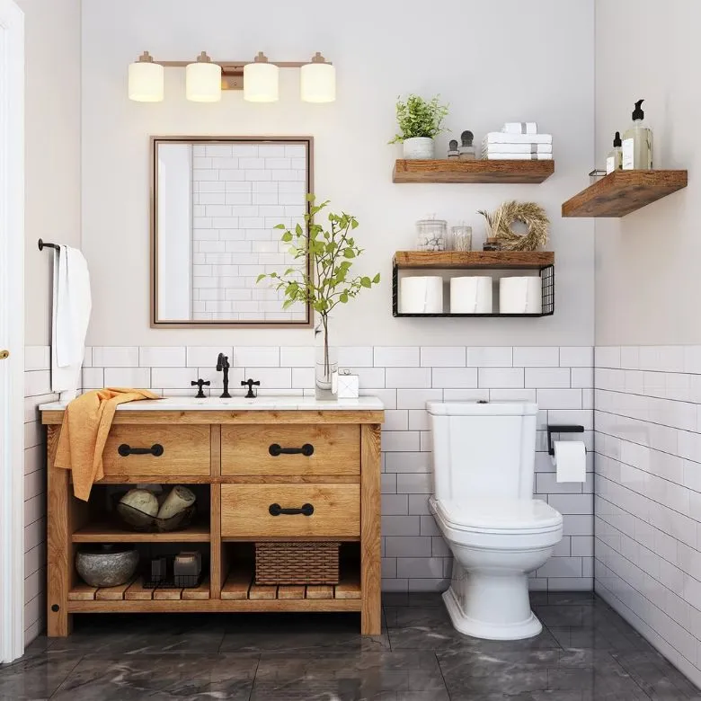 wooden floating shelves above toilet in bathroom