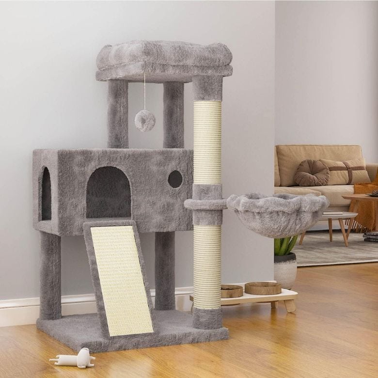 gray cat tower with hammock