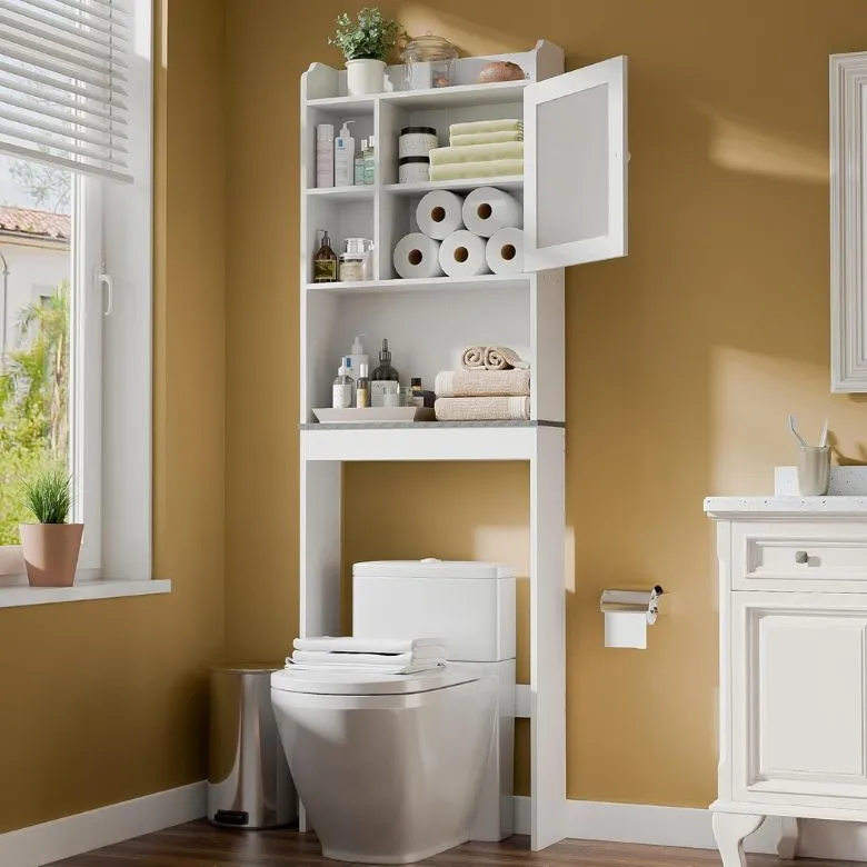 white over-the-toilet shelves with cabinet