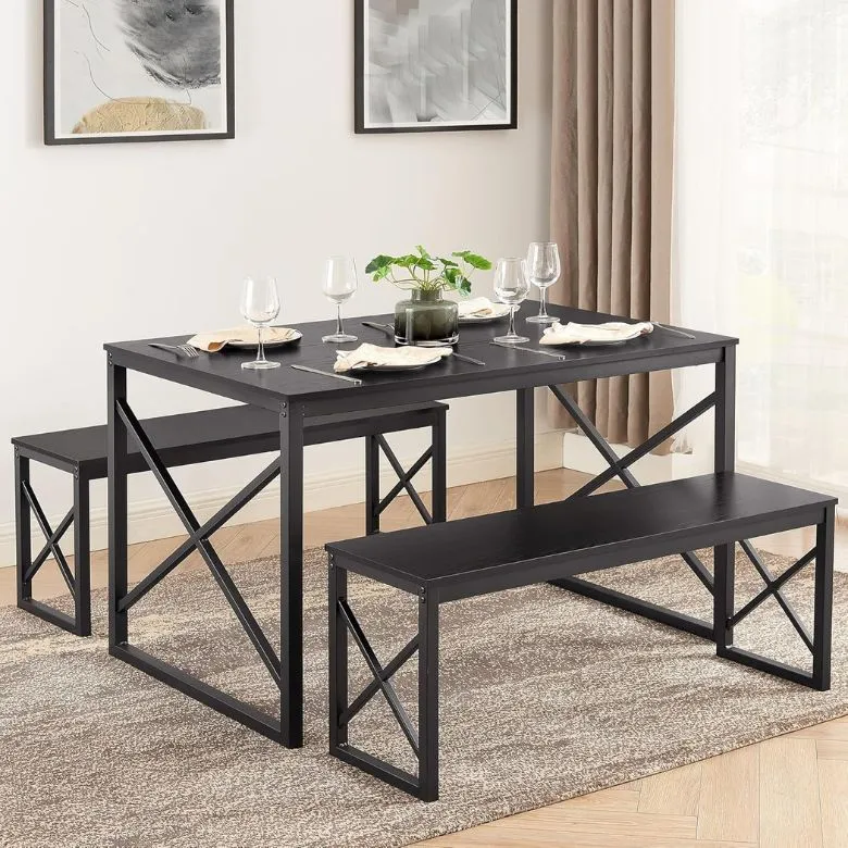 rectangle black dining table with benches