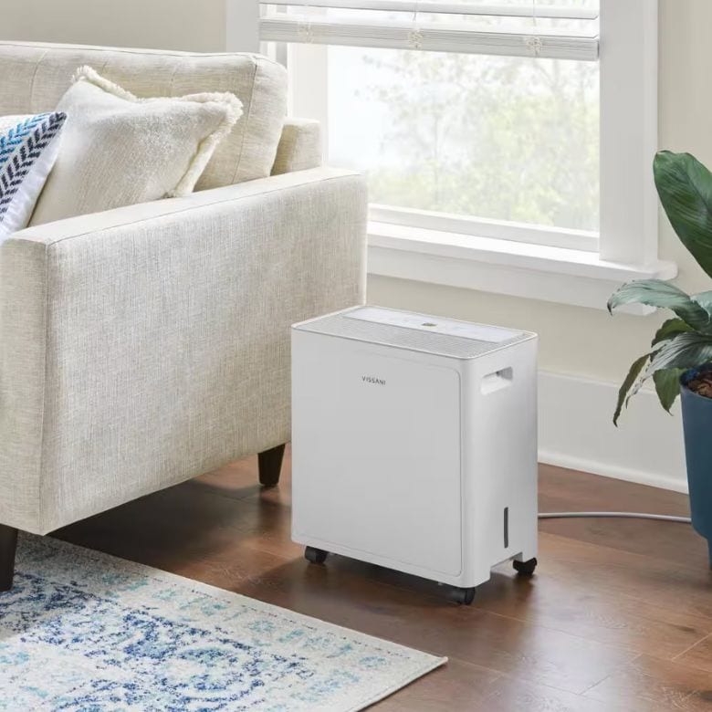 small white dehumidifier in living room