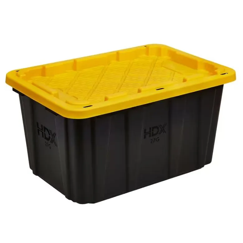 black storage bin with yellow lid