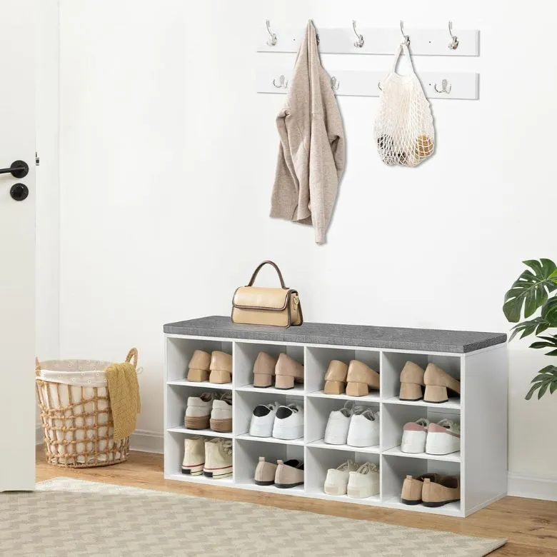 upholstered shoe storage bench with cubbies