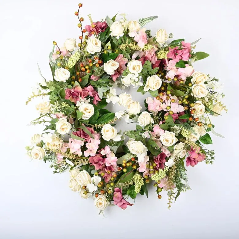 hydrangea, rose, and lavender wreath